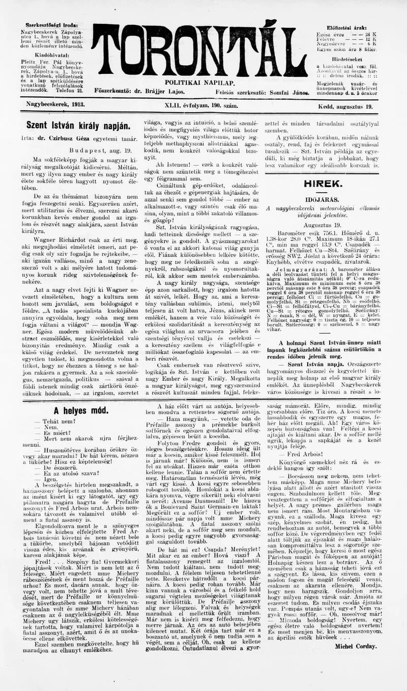 Torontál, 42. évf. 1913. augusztus 19. 190. sz.