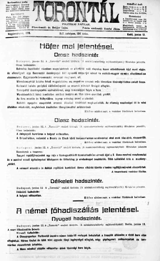 Torontál, 45. évf. 1916. június 13. 134. sz.