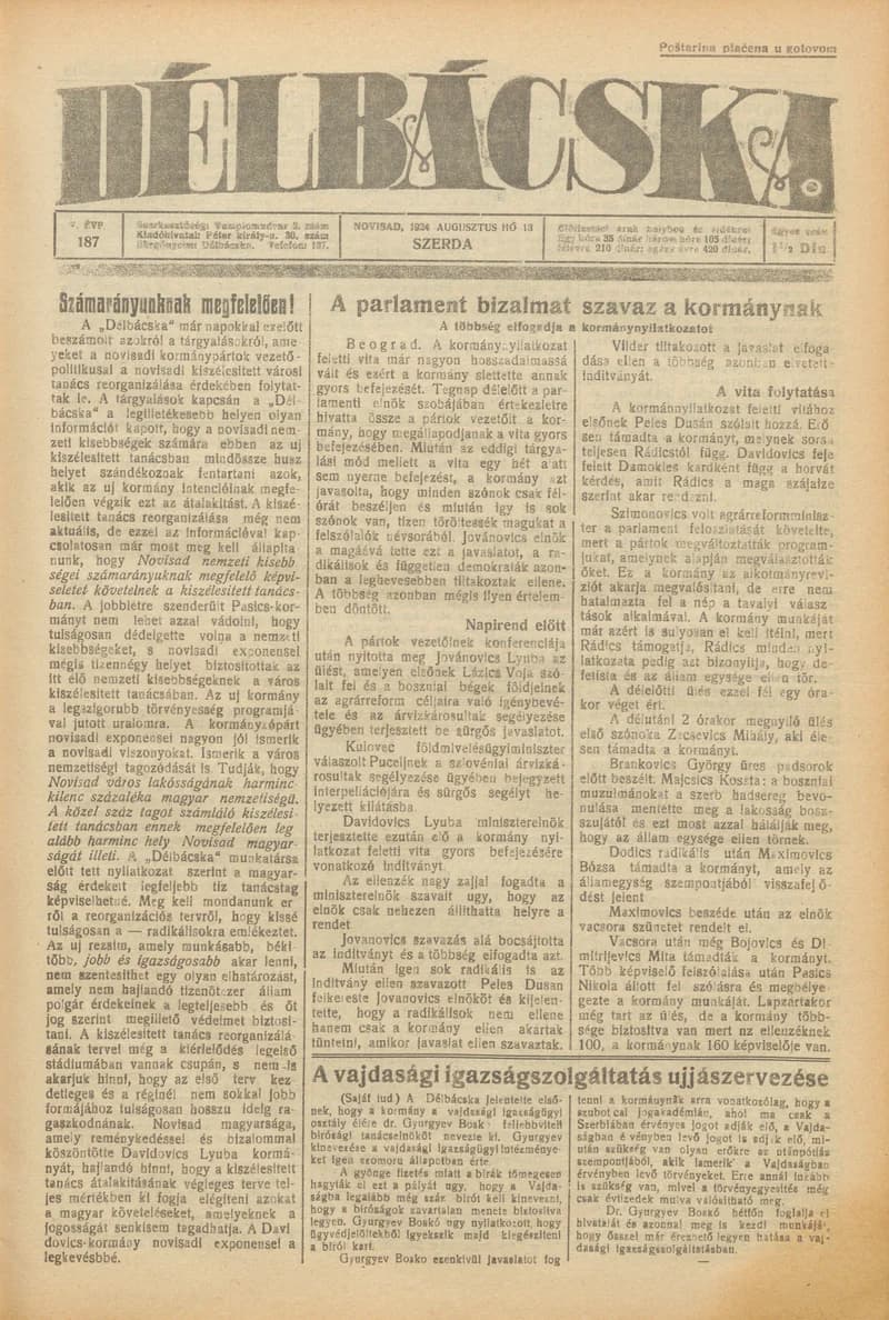 Délbácska, 5. évf. 1924. augusztus 13. 187. sz.