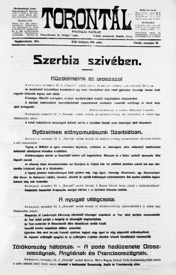 Torontál, 43. évf. 1914. november 13. 259. sz.