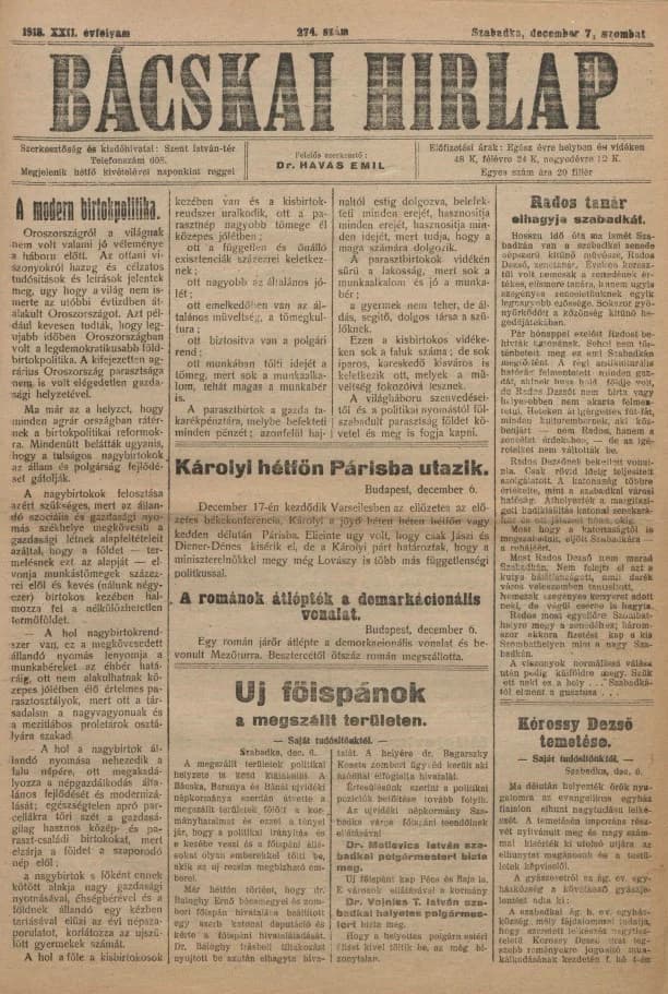 Bácskai Hirlap, 22. évf. 1918. december 7. 274. sz.