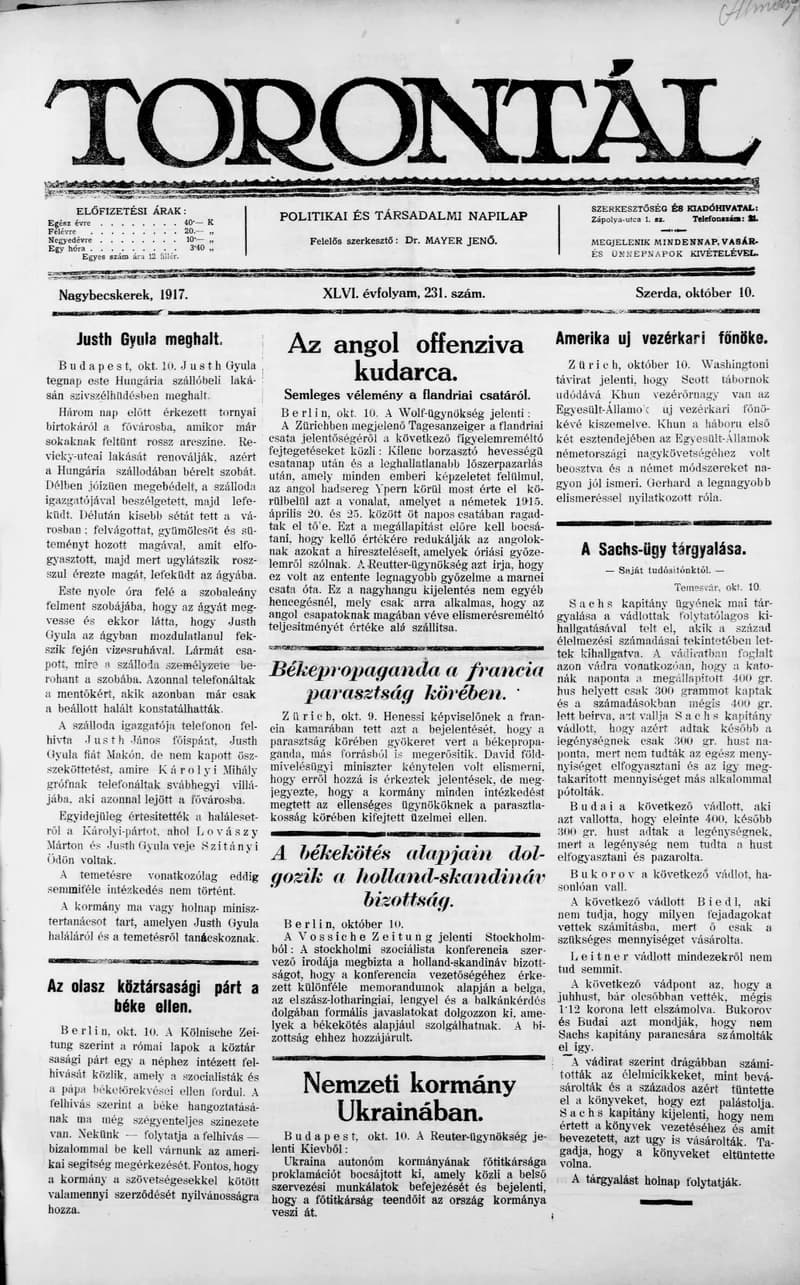 Torontál, 46. évf. 1917. október 10. 231. sz.
