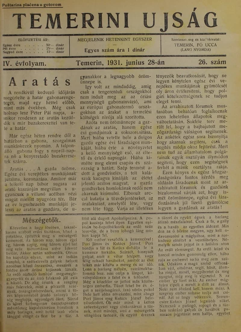 Temerini Újság 1928-1944, 4. évf. 1931. június 28. 26. sz.