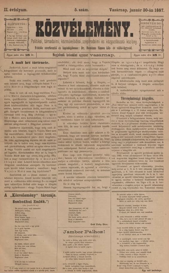 Közvélemény, 2. évf. 1887. január 30. 5. sz.