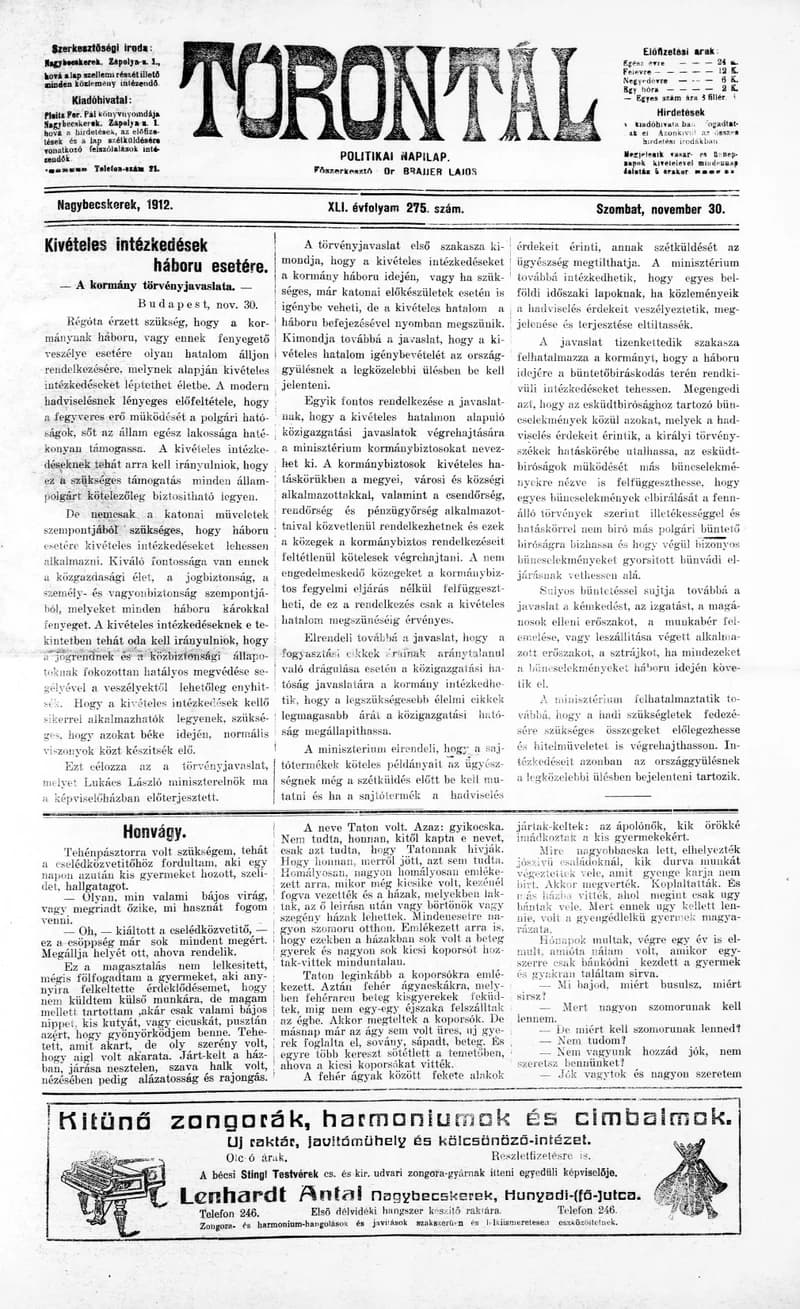 Torontál, 41. évf. 1912. november 30. 275. sz.
