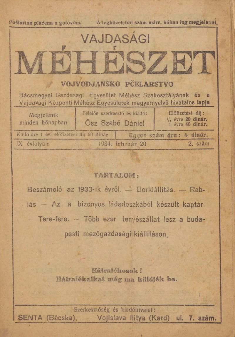 Vajdasági méhészet, 9. évf. 1934. február 20. 2. sz.