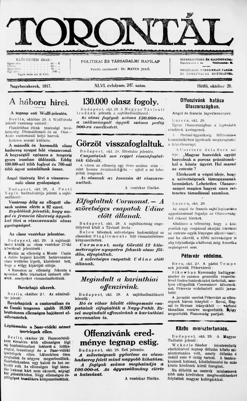 Torontál, 46. évf. 1917. október 29. 247. sz.