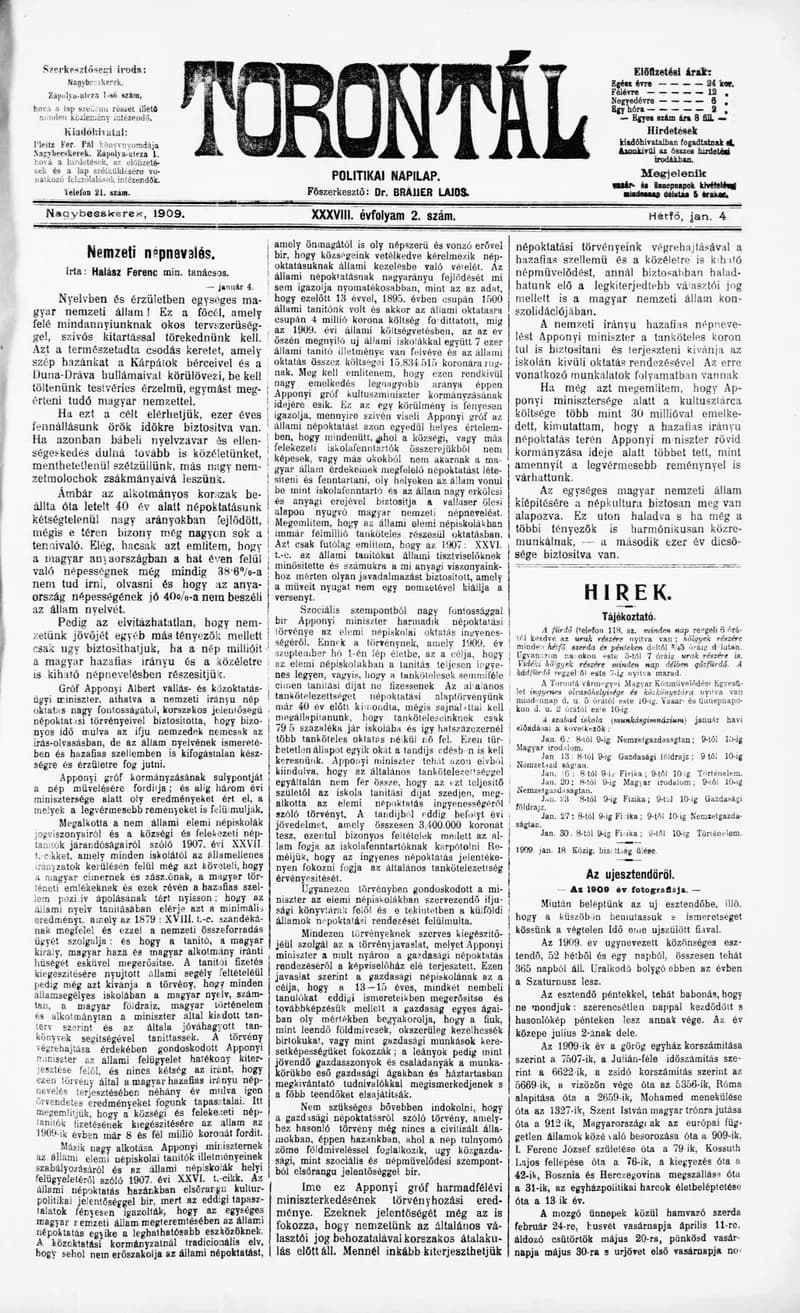 Torontál, 38. évf. 1909. január 4. 2. sz.