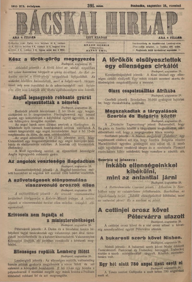 Bácskai Hirlap, 19. évf. 1915. augusztus 28. 391. sz.