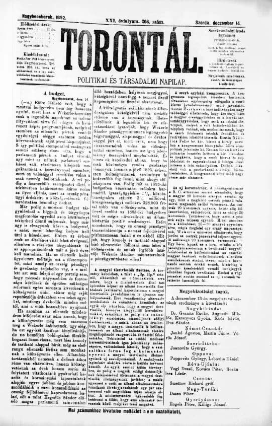 Torontál, 21. évf. 1892. december 14. 266. sz.