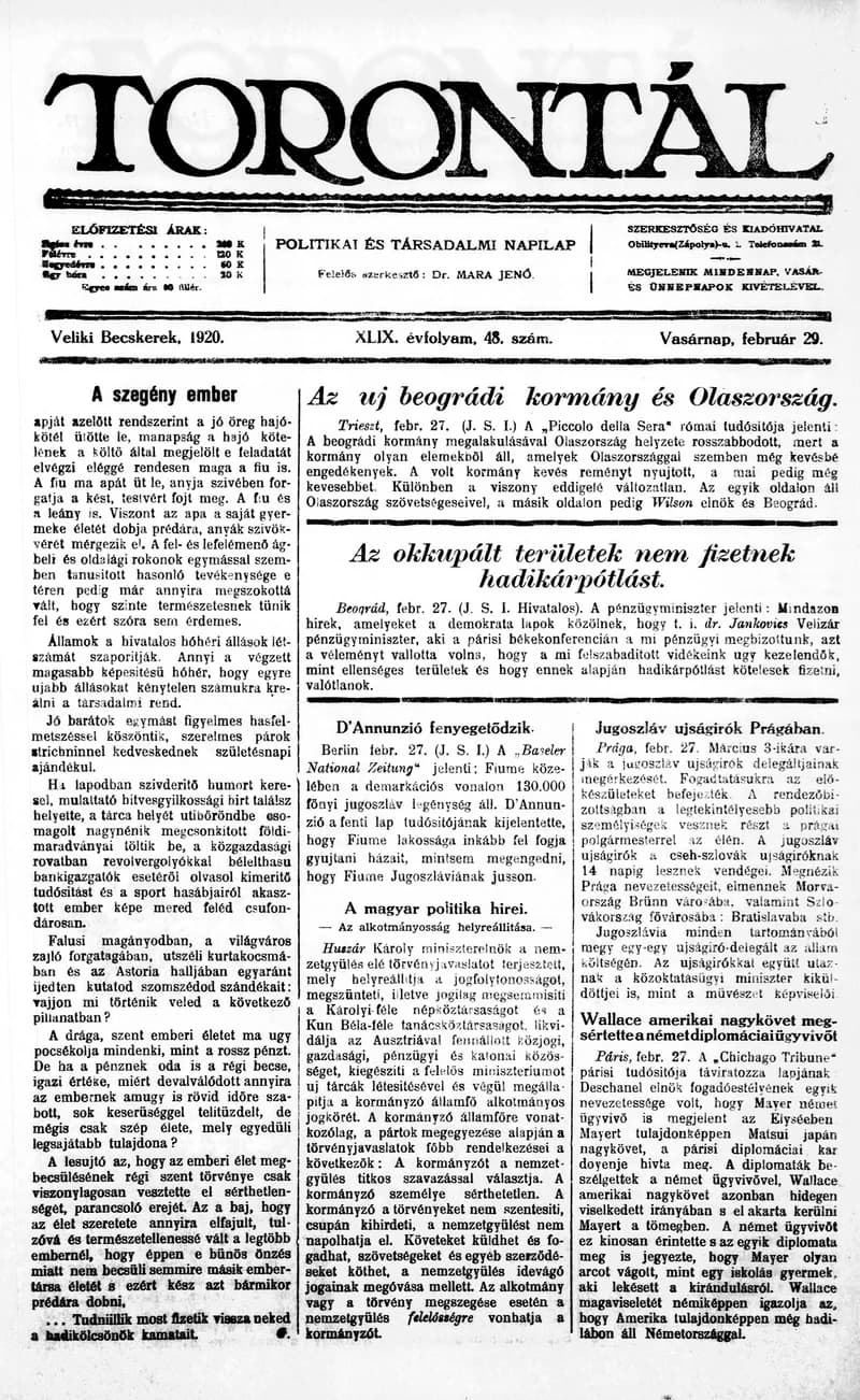 Torontál, 49. évf. 1920. február 29. 48. sz.