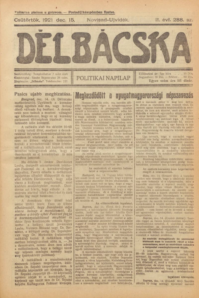 Délbácska, 2. évf. 1921. december 15. 288. sz.