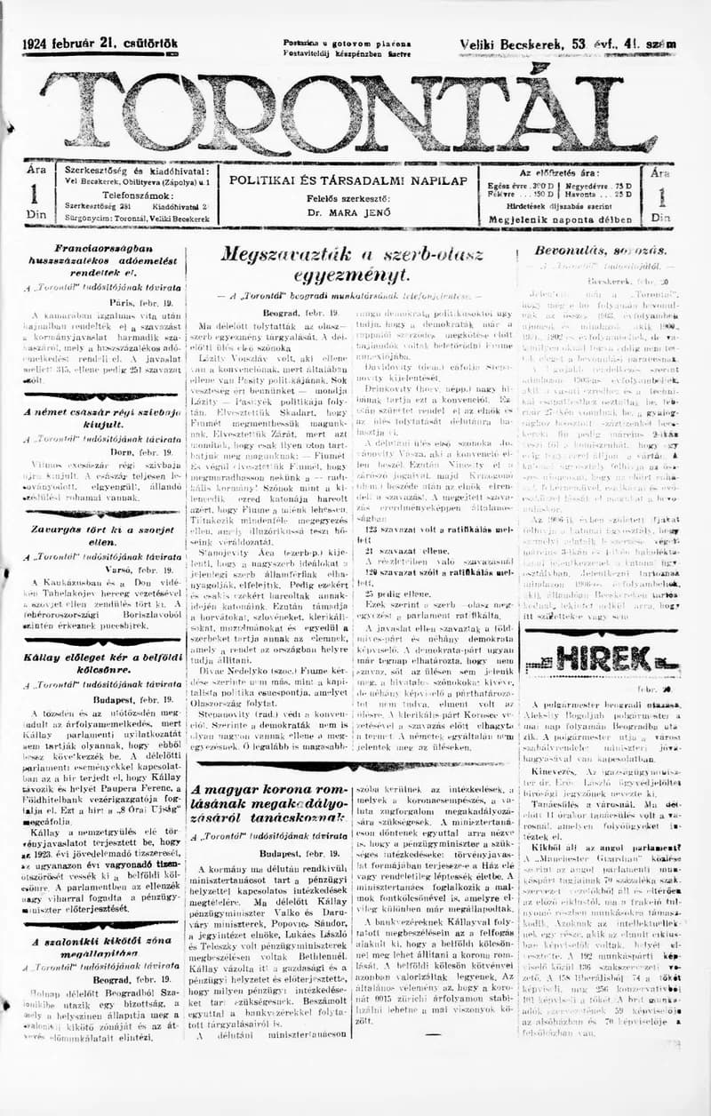 Torontál, 53. évf. 1924. február 21. 41. sz.