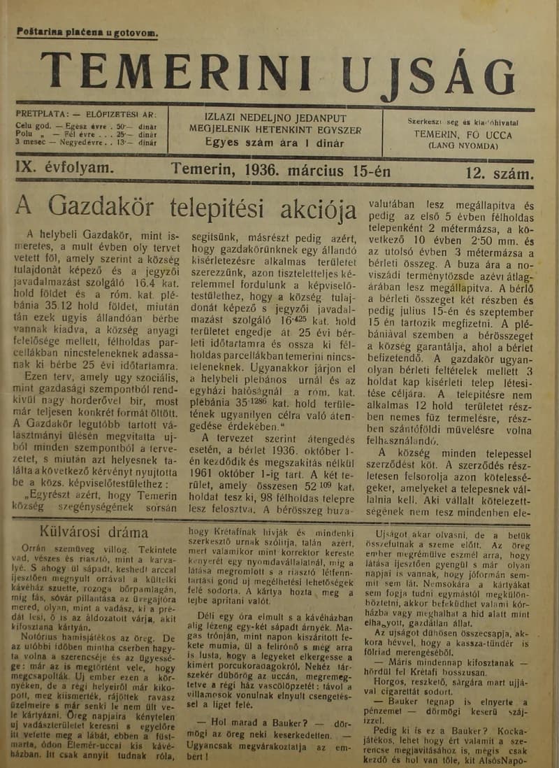 Temerini Újság 1928-1944, 9. évf. 1936. március 15. 12. sz.