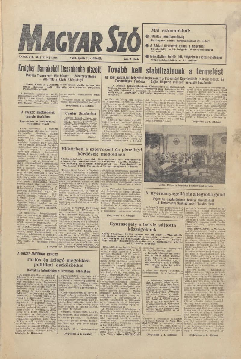 Magyar Szó, 39. évf. 1982. április 1. 89. sz. 1–20. oldal