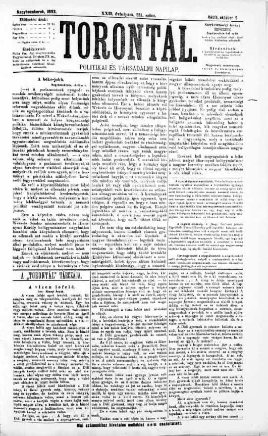 Torontál, 22. évf. 1893. október 9. 231. sz.