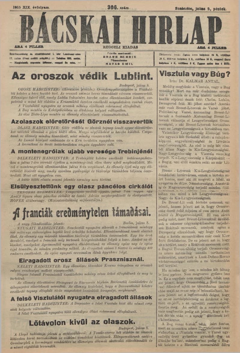 Bácskai Hirlap, 19. évf. 1915. július 9. 306. sz.