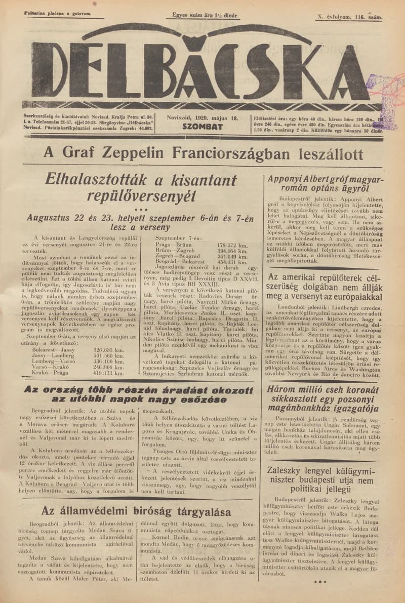 Délbácska, 10. évf. 1929. május 18. 116. sz.