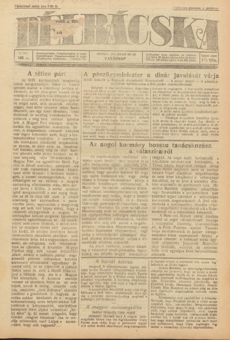 Délbácska, 4. évf. 1923. július 22. 166. sz.