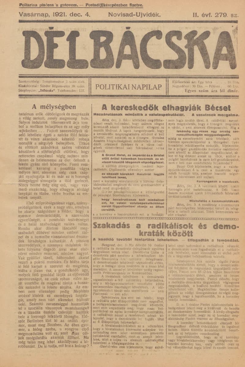 Délbácska, 2. évf. 1921. december 4. 279. sz.