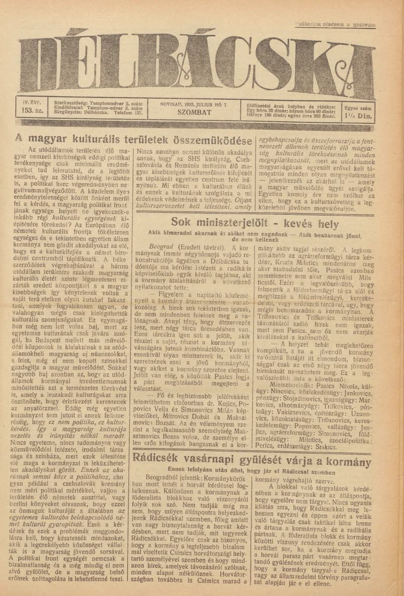 Délbácska, 4. évf. 1923. július 7. 153. sz.