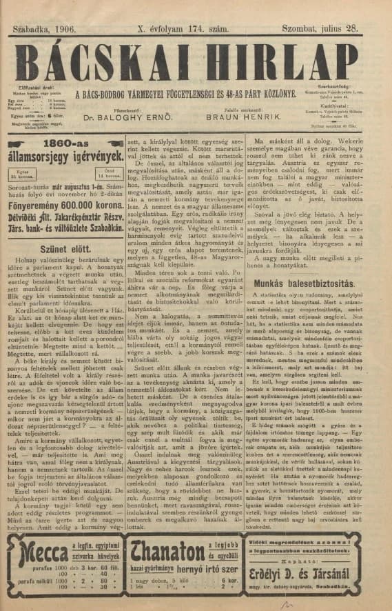 Bácskai Hirlap, 10. évf. 1906. július 28. 174. sz.