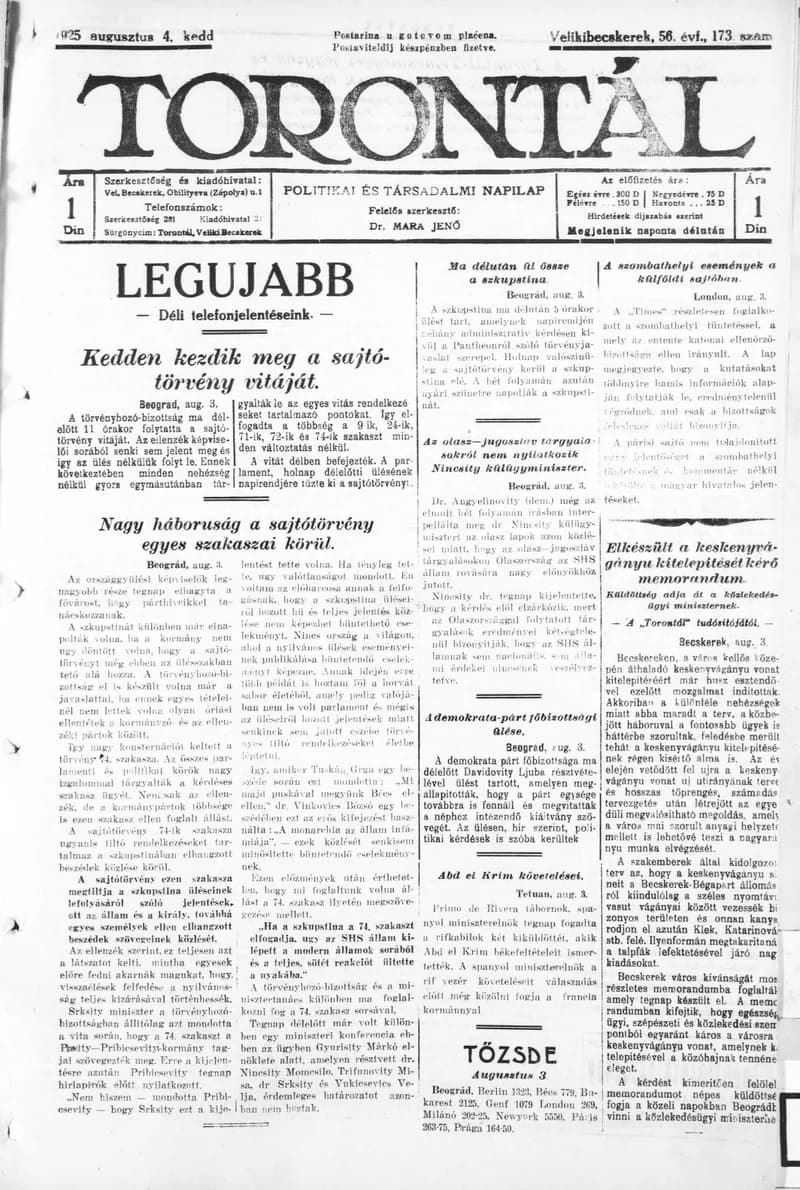 Torontál, 54. évf. 1925. augusztus 4. 173. sz.