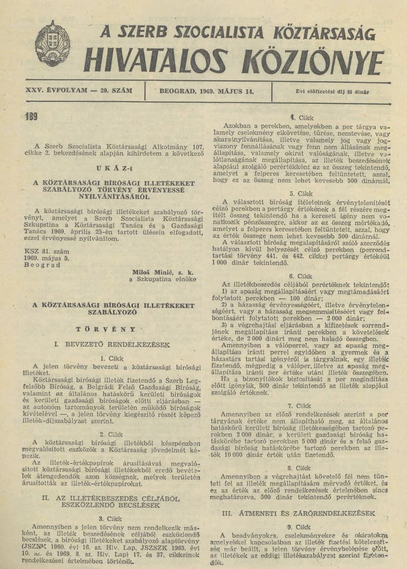 A Szerb Szocialista Köztársaság Hivatalos Közlönye, 25. évf. 1969. május 14. 20. sz. 553–568. oldal