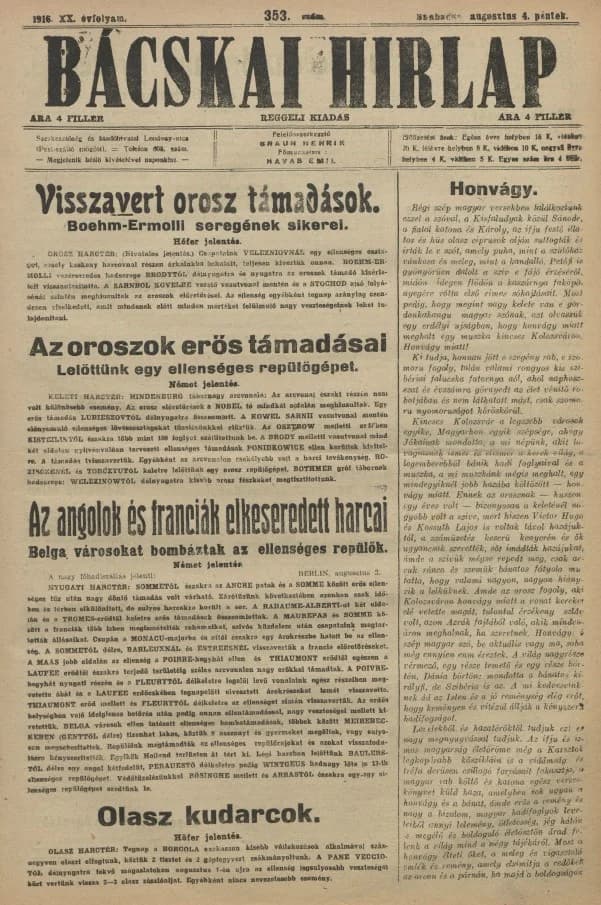 Bácskai Hirlap, 20. évf. 1916. augusztus 4. 353. sz.