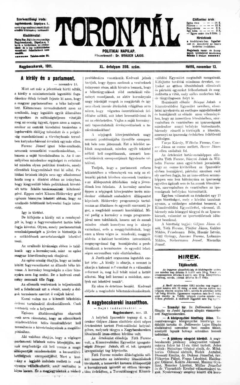 Torontál, 40. évf. 1911. november 13. 259. sz.