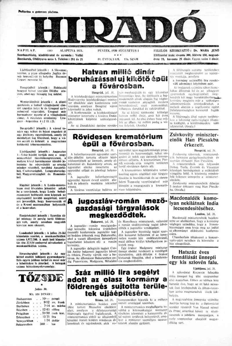 Híradó, 59. évf. 1930. augusztus 1. 176. sz.
