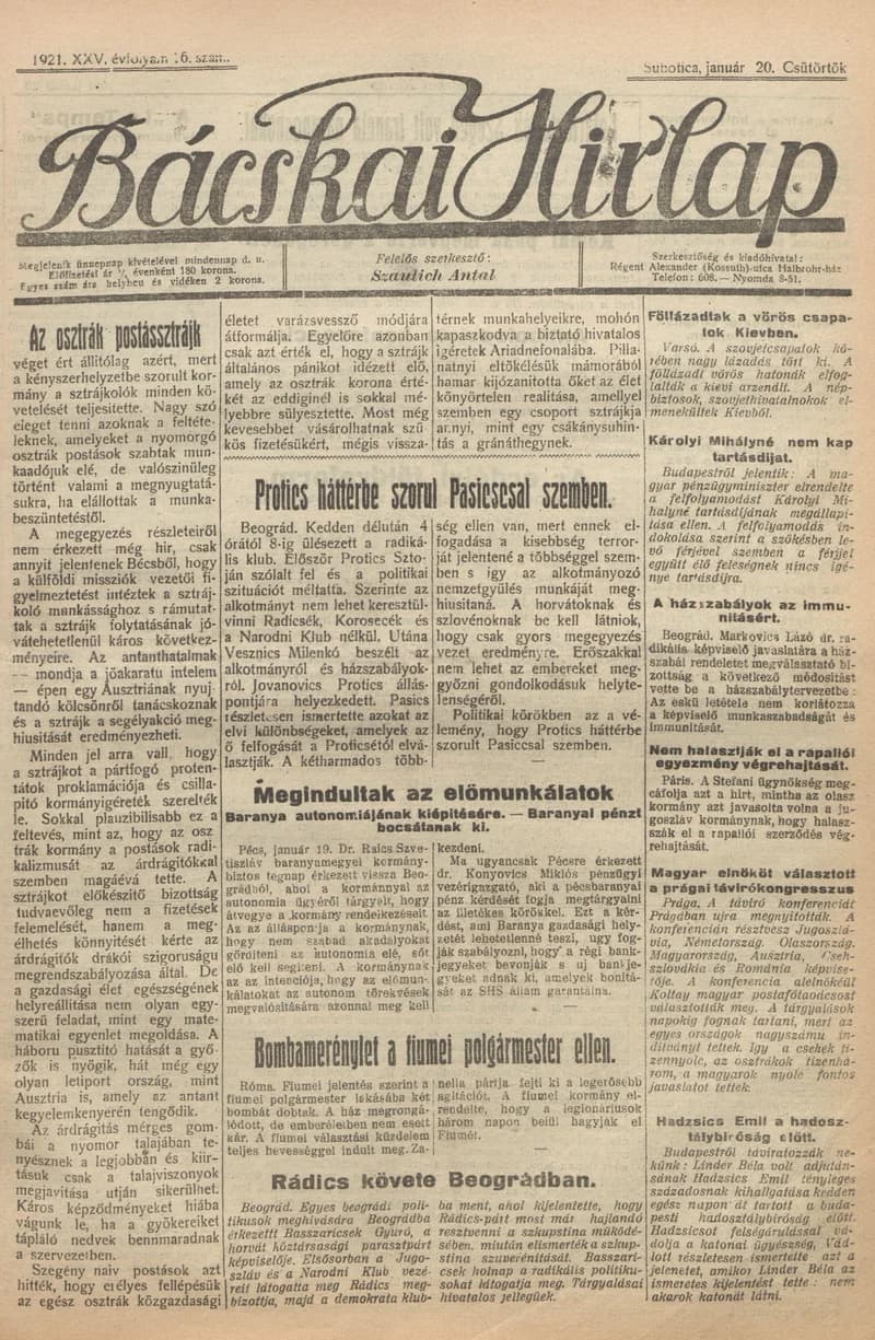 Bácskai Hirlap, 25. évf. 1921. január 20. 16. sz.