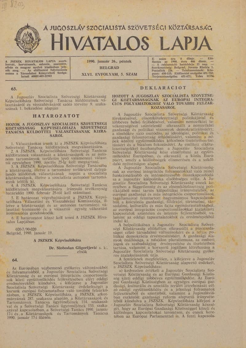 A Jugoszláv Szocialista Szövetségi Köztársaság Hivatalos Lapja, 46. évf. 1990. január 26. 5. sz. 289–328. oldal