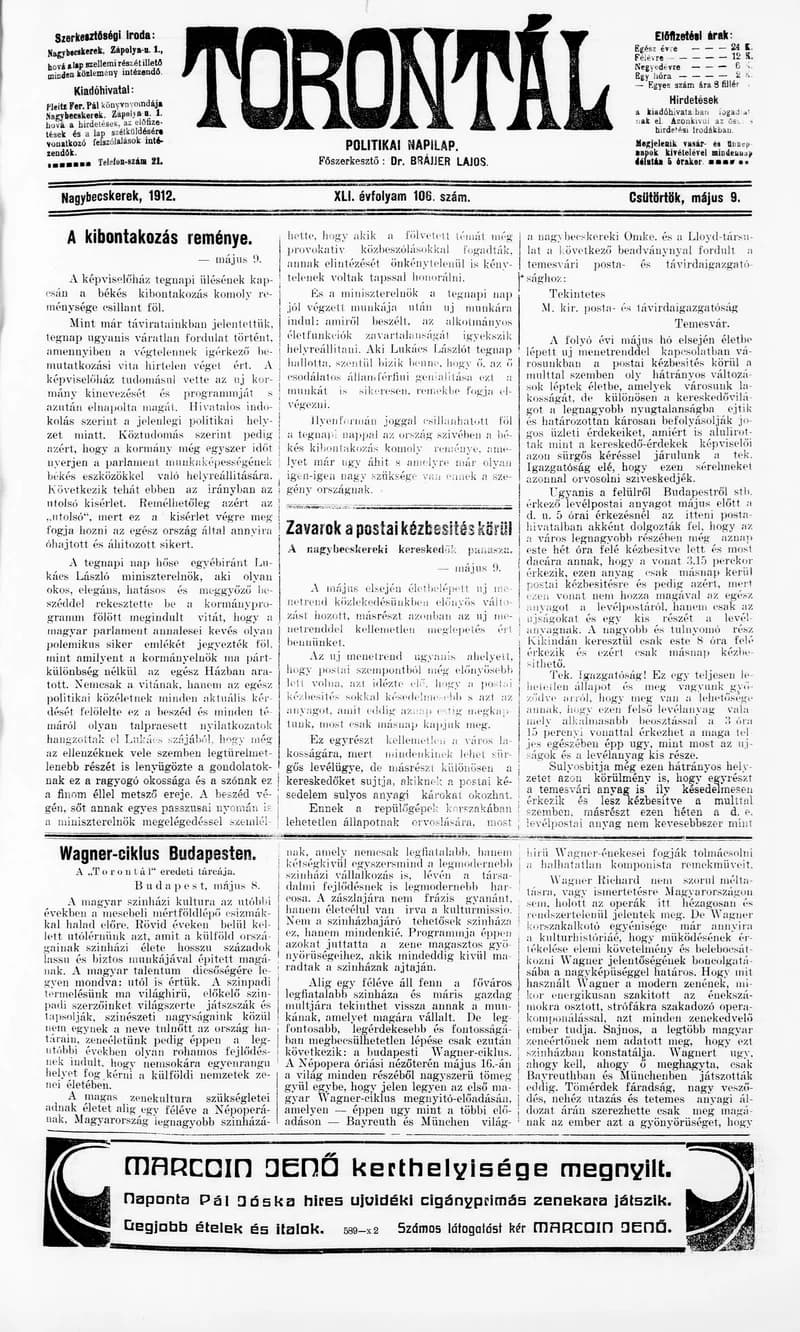 Torontál, 41. évf. 1912. május 9. 106. sz.