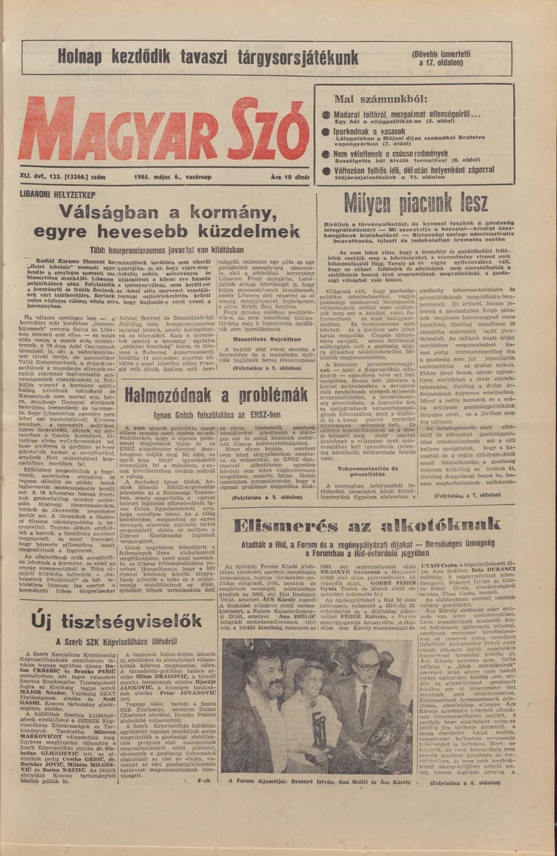 Magyar Szó, 41. évf. 1984. május 6. 123. sz. 1–28. oldal