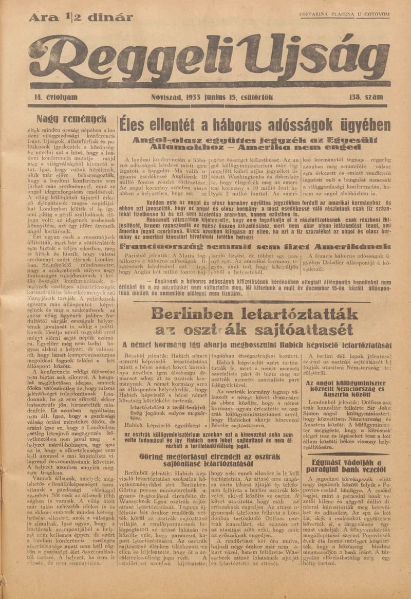 Reggeli Újság, 14. évf. 1933. június 15. 138. sz.
