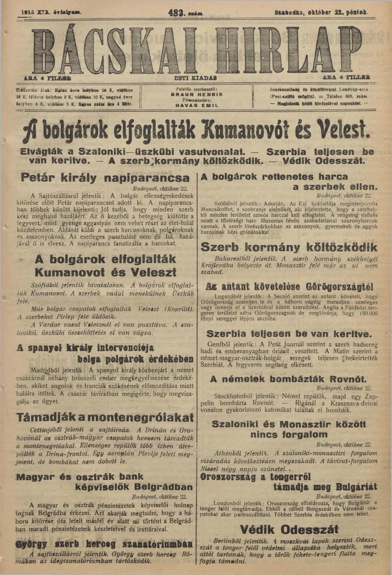 Bácskai Hirlap, 19. évf. 1915. október 22. 483. sz.