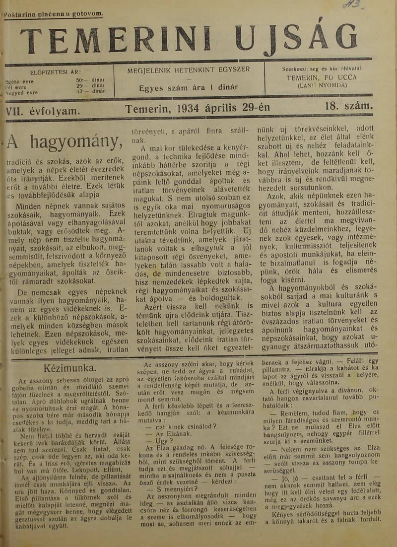Temerini Újság 1928-1944, 7. évf. 1934. április 29. 18. sz.
