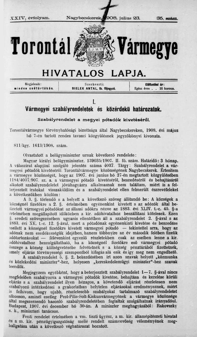 Torontál Vármegye Hivatalos Lapja, 24. évf. 1908. július 23. 35. sz.