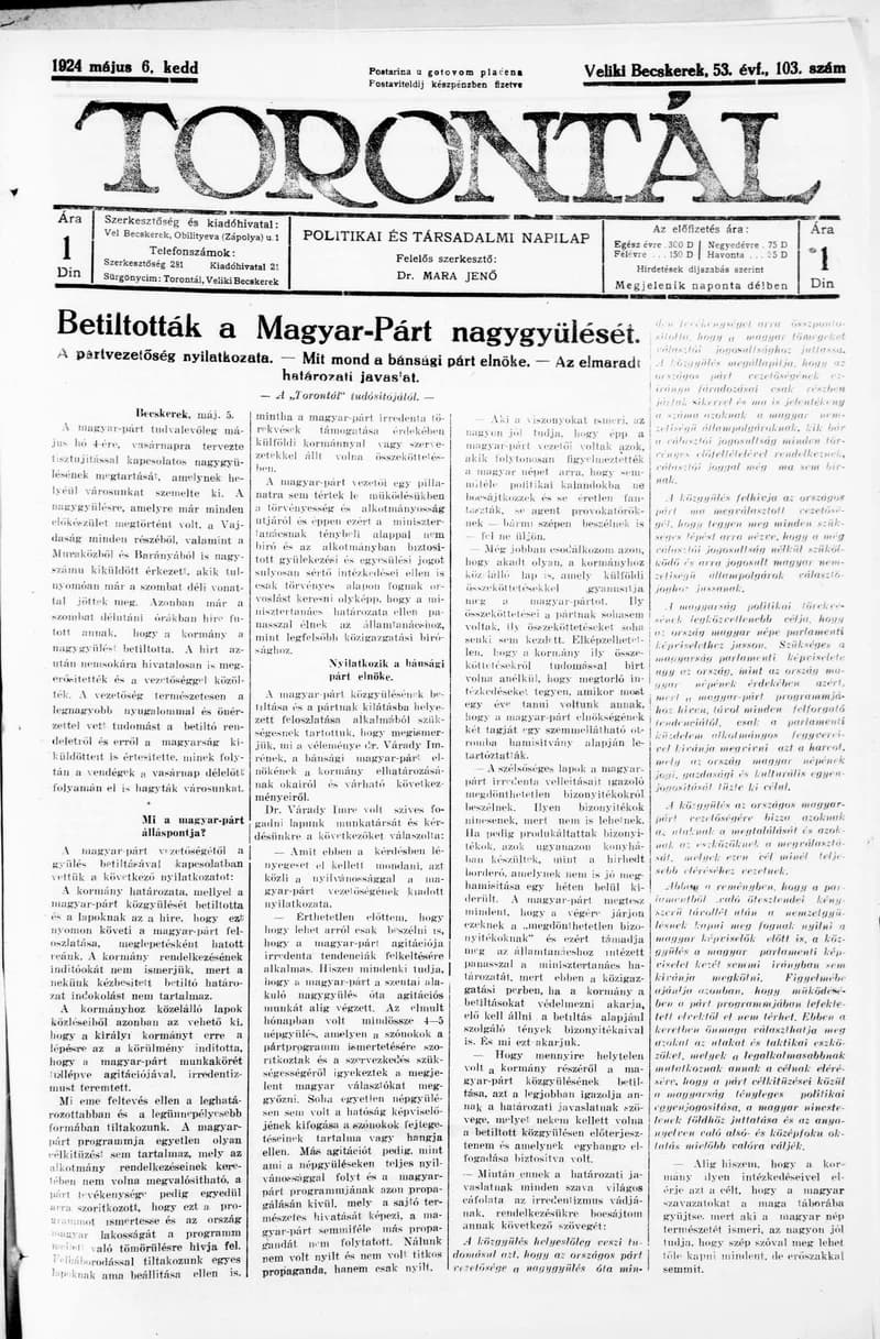 Torontál, 53. évf. 1924. május 6. 103. sz.