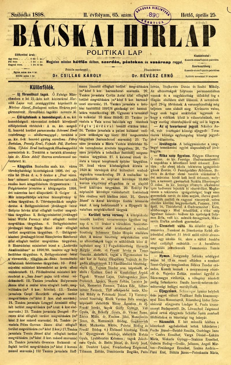 Bácskai Hirlap, 2. évf. 1898. április 25. 65. sz. 1–2. oldal