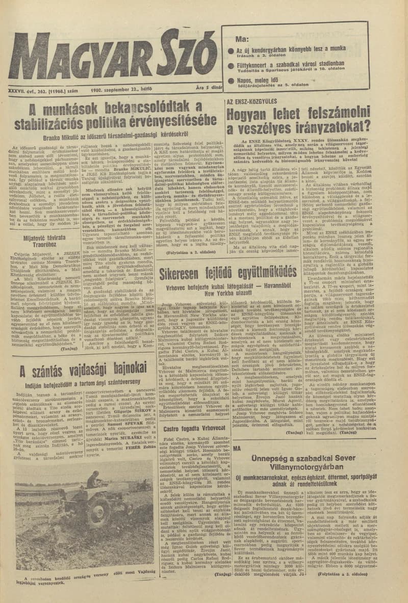 Magyar Szó, 37. évf. 1980. szeptember 22. 262. sz. 1–16. oldal
