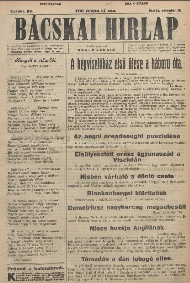 Bácskai Hirlap, 18. évf. 1914. november 25. 317. sz.