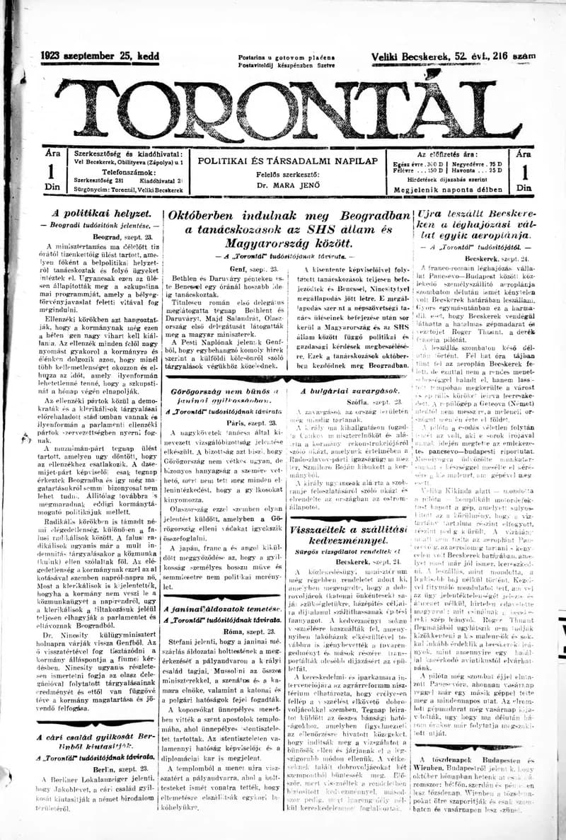Torontál, 52. évf. 1923. szeptember 25. 216. sz.
