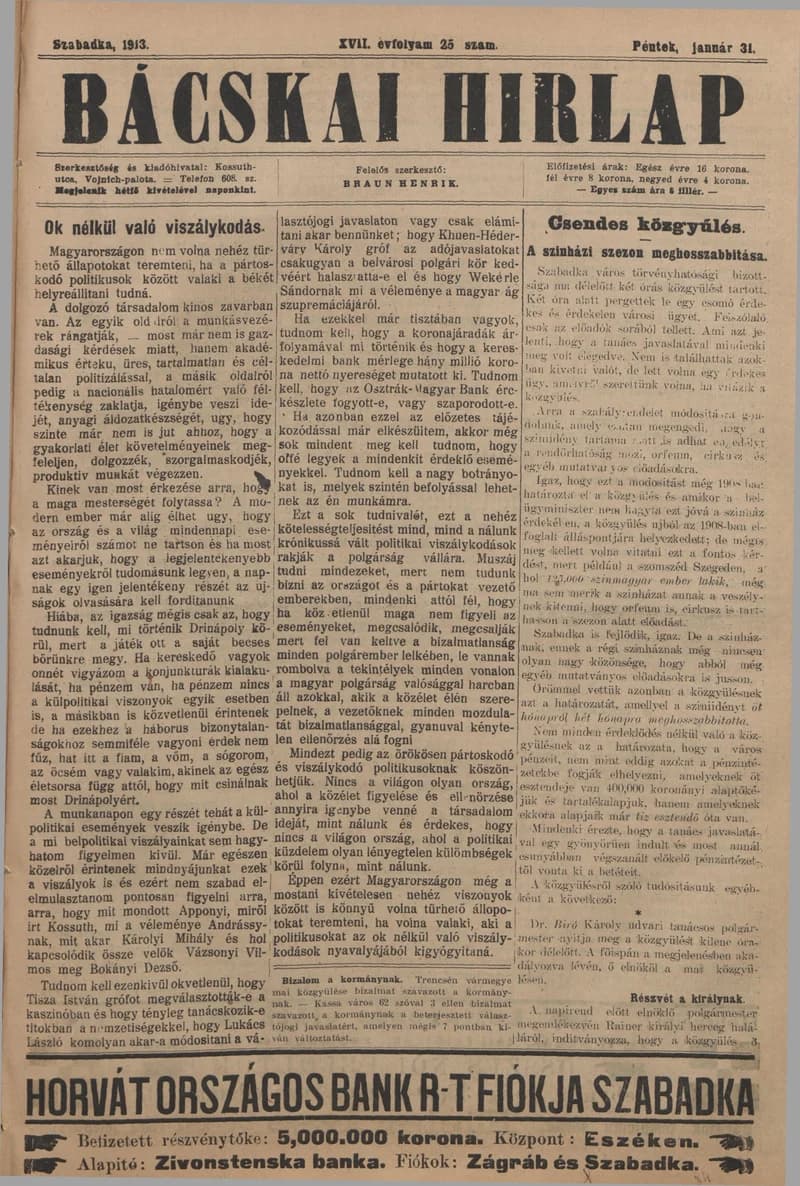 Bácskai Hirlap, 17. évf. 1913. január 31. 25. sz.