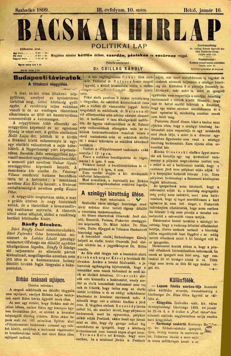 Bácskai Hirlap, 3. évf. 1899. január 16. 10. sz.
