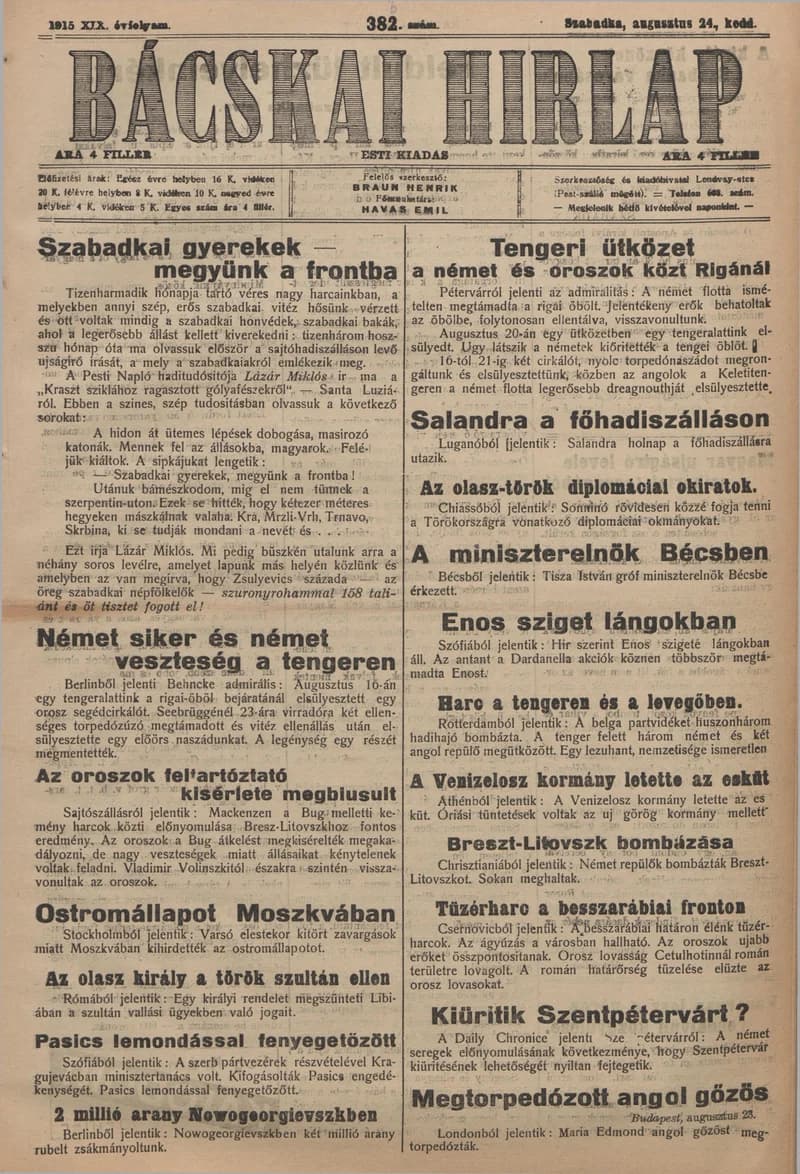 Bácskai Hirlap, 19. évf. 1915. augusztus 24. 383. sz.