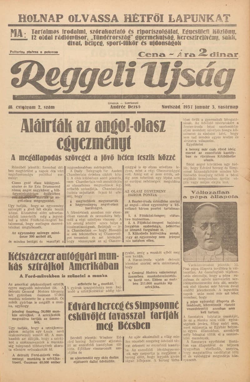 Reggeli Újság, 18. évf. 1937. január 3. 2. sz.