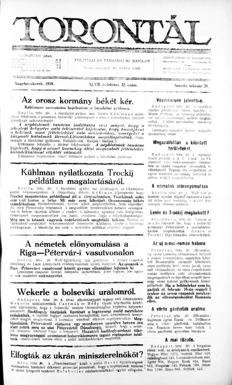 Torontál, 47. évf. 1918. február 20. 42. sz.