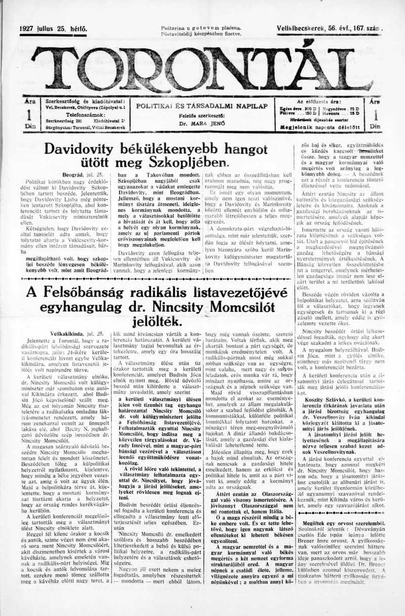 Torontál, 56. évf. 1927. július 25. 167. sz.
